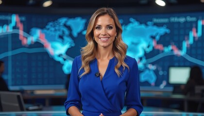 News anchor on screen presents financial market data. She smiles and gestures near digital world map with global economic charts and graphs. Woman reports on stock trading.