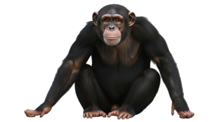 Isolated chimpanzee sitting relaxed, with forward facing view, looking at camera in detail