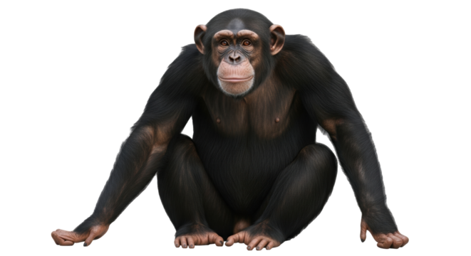 Isolated chimpanzee sitting relaxed, with forward facing view, looking at camera in detail