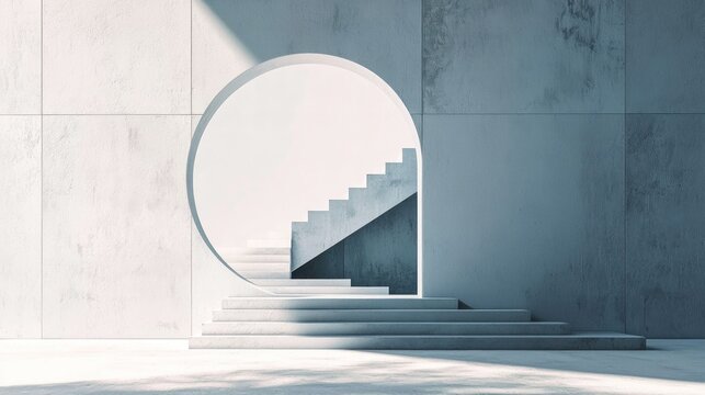 A minimalist, modern interior with a concrete wall and a circular archway leading to a staircase.