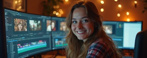 Young woman smiles brightly at camera, editing videos on multiple computer monitors. Works with creative digital content in cozy home office. Tech pro fully enjoys modern workspace with warm string