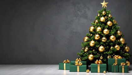Indoor Christmas tree with gold ornaments and green gift boxes against dark wall, classic festive elegance.