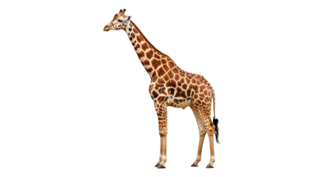 Isolated giraffe with brown and white spots, tall African animal with long neck