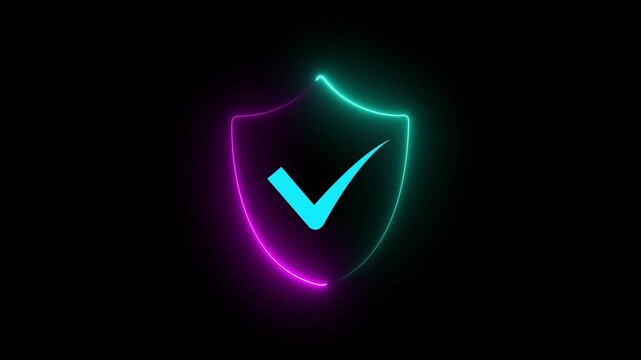 Glowing Neon Glitch security shield with check mark icon. neon check mark icon on black background.