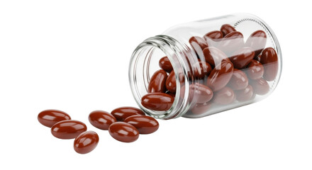 Isolated brown capsules spilling from a glass jar, supplements scattered on surface