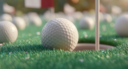 Close-up of a golf ball near a hole on a putting green, focus shallow, other balls blurred
