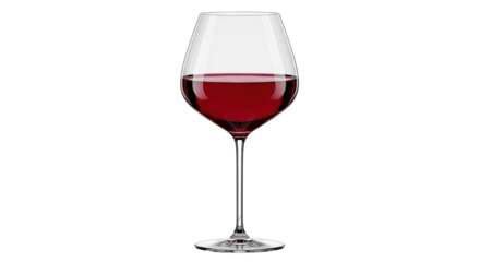 Isolated red wine glass filled to a third with a beautiful vintage color and reflection