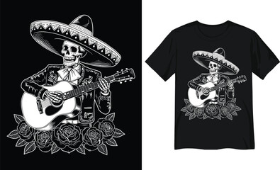 Mexican Skeleton Mariachi Guitarist with Sombrero and Roses