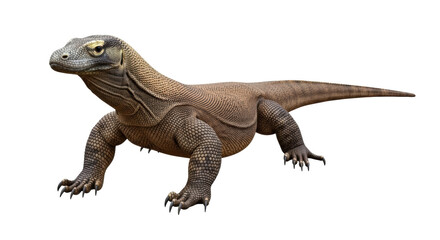 Isolated Komodo dragon standing with claws outstretched, ready to strike from the front view