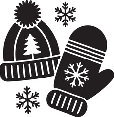 Winter Hat and Mitten with Snowflakes Icon Set on White Background beanie pompom