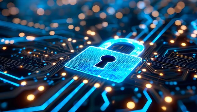 Futuristic digital security concept with a glowing blue padlock on a circuit board.