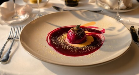 Gourmet Fruit Dessert with Red Berry Sauce on White Plate