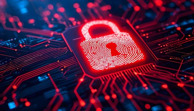 Digital security concept showing a glowing red fingerprint padlock on a computer circuit board.