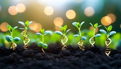 Close-up of young plants with DNA strands, symbolizing genetic engineering and biotechnology.