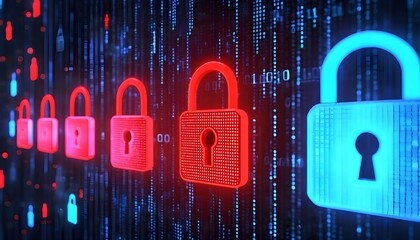Cybersecurity concept with padlocks in red and blue on a digital background.