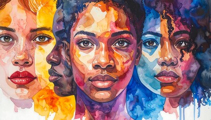 Four women's faces, vibrant colors, expressive