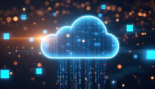 Futuristic cloud computing concept with a glowing digital icon and data streaming downwards.