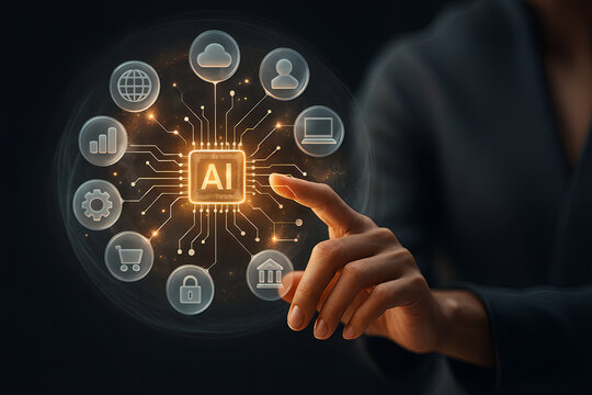 Hand Touching a Glowing AI Chip Surrounded by Digital Icons: Concept for Artificial Intelligence, Technology Integration, Automation, Business, and Innovation