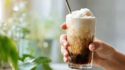Cold Foam Coffee Drink with Straw in Clear Glass Hand Held Near Green Plant Bright Indoor Setting