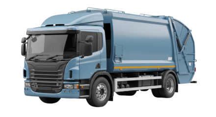 Isolated blue garbage truck, refuse collection vehicle for urban waste management, sanitation