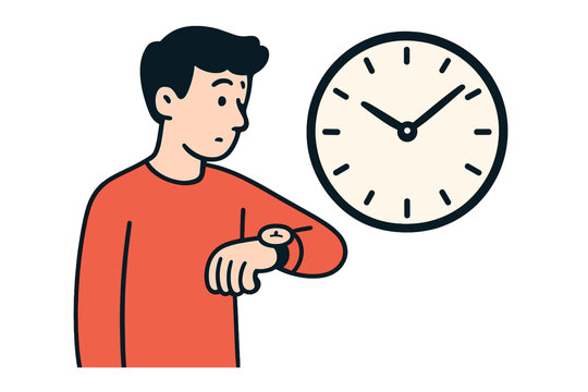 Time management concept. Man looking at his watch, checking the time. Character worried about a deadline, punctuality, and being late. Person waiting for an appointment. Schedule.