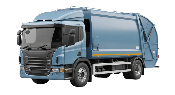 Isolated blue garbage truck, refuse collection vehicle for urban waste management, sanitation