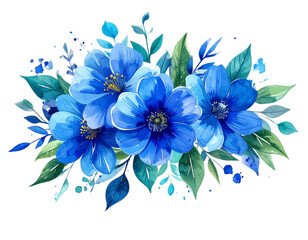 Whimsical Watercolor Blue Bouquet with Decorative Leaves and Artistic Splashes