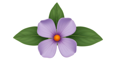 Isolated illustration of a purple flower with four petals and green leaves surrounding it