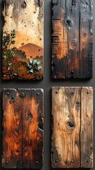 Four wooden panels with painted and sculpted details
