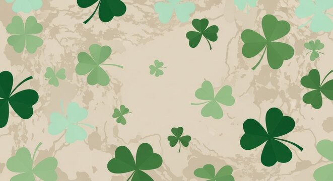 A pattern of green and white clover leaves on a beige background.
