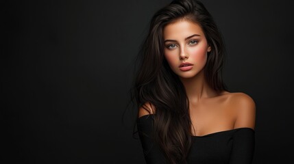 Fototapeta premium A woman with long, dark hair and a black top, standing against a black background.