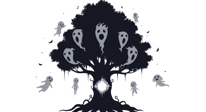 An ancient haunted tree silhouette releasing screaming ghostly spirits from a glowing portal on a white background