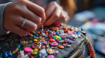 Teen decorating backpack with charms and beads.