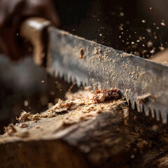 Sawing wood with traditional hand saw, sawdust flying