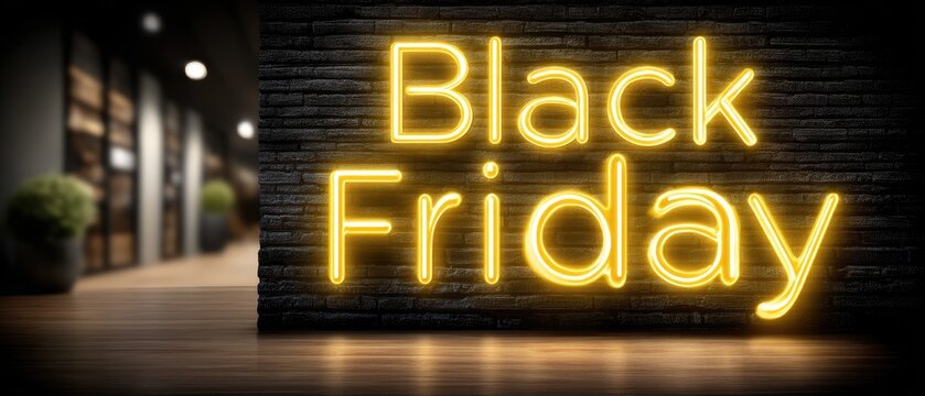 Bright neon sign displaying Black Friday in a modern retail space with a warm ambiance and shelves in the background - Powered by Adobe