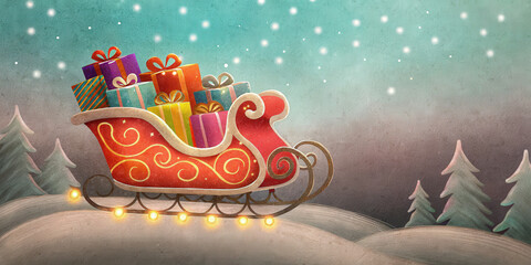 Christmas holiday lifestyle scene with colorful gift boxes in red sleigh on snowy hills under starry sky creating festive joyful atmosphere
