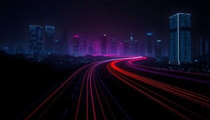 A futuristic cityscape at night with light trails from traffic on a highway.