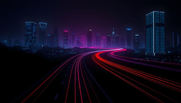 A futuristic cityscape at night with light trails from traffic on a highway.