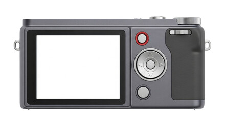 Isolated dark gray digital camera with blank screen, classic design, user interface element