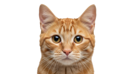 Isolated Orange Tabby Cat Looking Forward with Big Eyes and Upright Ears in Close-Up Shot