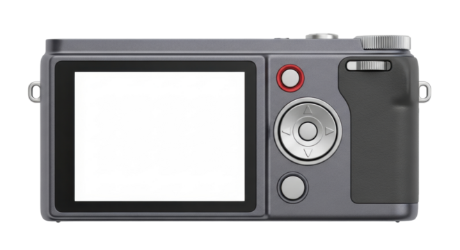 Isolated dark gray digital camera with blank screen, classic design, user interface element