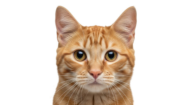 Isolated Orange Tabby Cat Looking Forward with Big Eyes and Upright Ears in Close-Up Shot