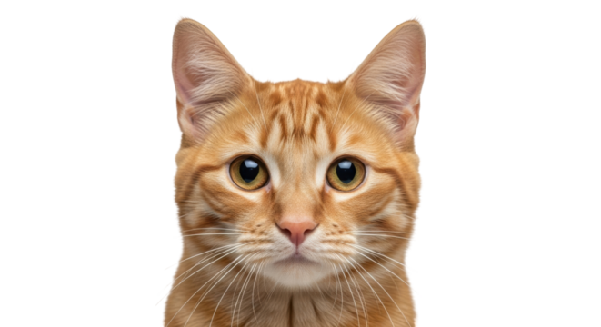 Isolated Orange Tabby Cat Looking Forward with Big Eyes and Upright Ears in Close-Up Shot