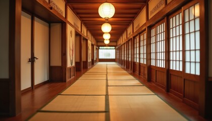 Hallway inside typical ryokan with wooden screens, tatami mats. Traditional japanese house or hotel interior with shoji doors. Japan travel tourism background. Authentic asian architecture with light.