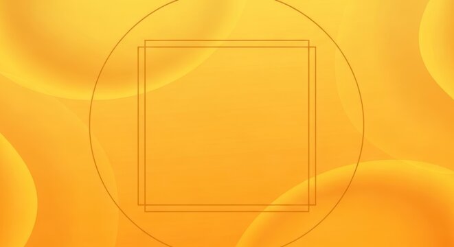 A vibrant yellow and orange abstract background with geometric shapes and a square frame.