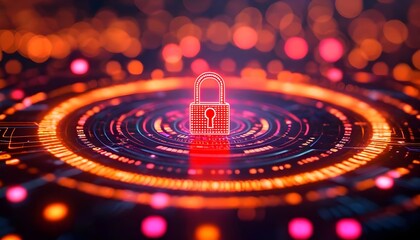 A glowing red padlock icon is centered on a futuristic digital interface with concentric rings and bokeh lights.