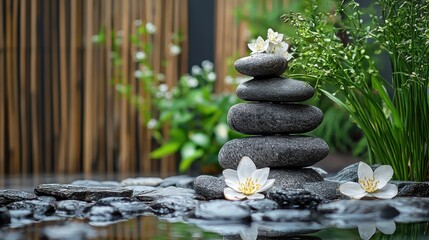 A serene garden scene with a stack of black stones, white flowers, and green plants in a bamboo backdrop.