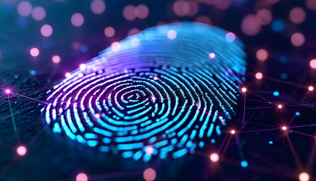 Digital fingerprint with glowing network connections, representing biometric security. - Powered by Adobe