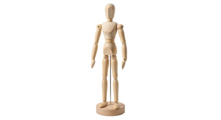 Isolated wooden mannequin standing on stand, perfect for art instruction and posing