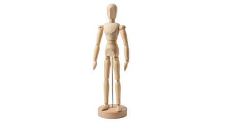 Isolated wooden mannequin standing on stand, perfect for art instruction and posing